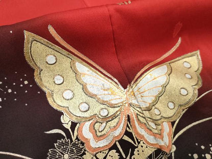 平和屋着物●豪華振袖　花蝶文　暈し染め　金銀彩　正絹　逸品　AABA6047cs