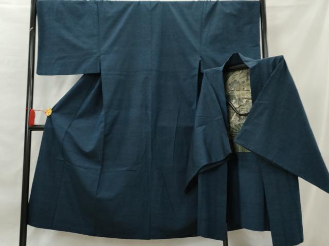 平和屋着物●男性 紬 アンサンブル 色留袖 紺瑠璃色 正絹 逸品 AABA6050cs