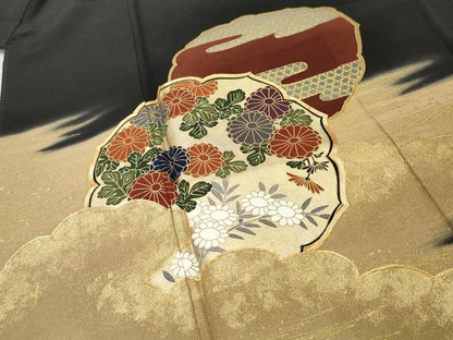 平和屋着物■豪華黒留袖　駒刺繍　雲取り草花文　暈し染め　金彩　正絹　逸品　AABA6065cs