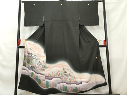 平和屋着物■豪華黒留袖　手描き　風景樹林文　暈し染め　正絹　逸品　AABA6225cs