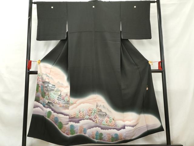 平和屋着物■豪華黒留袖　手描き　風景樹林文　暈し染め　正絹　逸品　AABA6225cs