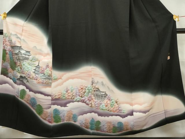 平和屋着物■豪華黒留袖　手描き　風景樹林文　暈し染め　正絹　逸品　AABA6225cs