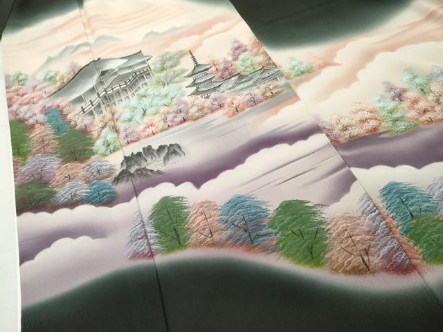 平和屋着物■豪華黒留袖　手描き　風景樹林文　暈し染め　正絹　逸品　AABA6225cs