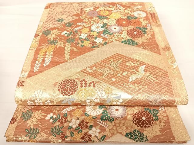 平和屋着物◎六通柄袋帯　唐織　草花文　金糸　正絹　逸品　AABA6241yx