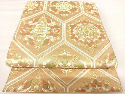 平和屋着物◎六通柄袋帯　唐織　亀甲花文　金糸　正絹　逸品　AABA6246yx