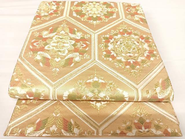 平和屋着物◎六通柄袋帯　唐織　亀甲花文　金糸　正絹　逸品　AABA6246yx