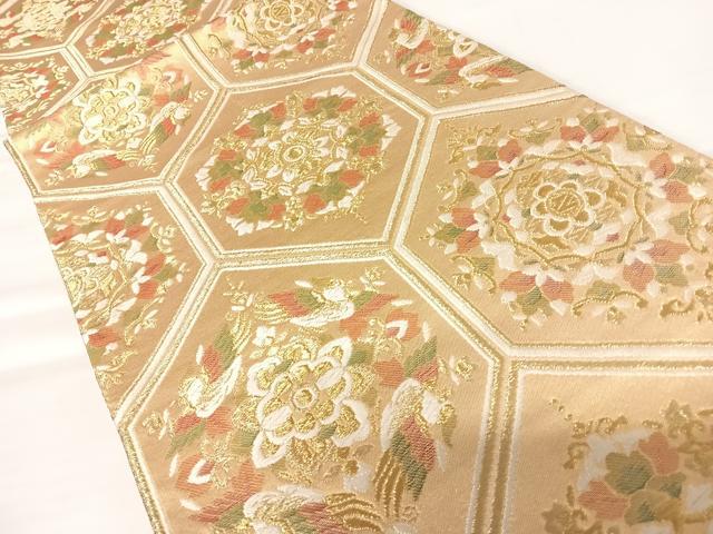 平和屋着物◎六通柄袋帯　唐織　亀甲花文　金糸　正絹　逸品　AABA6246yx