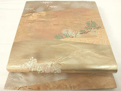 平和屋着物◎六通柄袋帯　唐織　みかげ錦　裂取松竹文　金銀糸　引箔　正絹　逸品　AABA6247yx