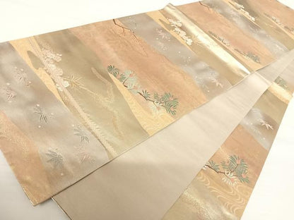 平和屋着物◎六通柄袋帯　唐織　みかげ錦　裂取松竹文　金銀糸　引箔　正絹　逸品　AABA6247yx