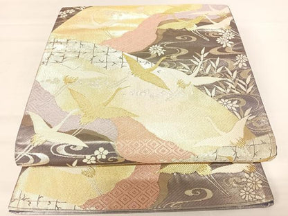 平和屋着物◎六通柄袋帯　飛鶴花文　金銀糸　正絹　逸品　AABA6272yx