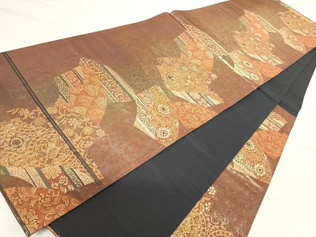 平和屋着物◎六通柄袋帯　人物更紗花文　金糸　正絹　逸品　AABA6285yx