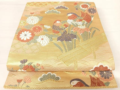 平和屋着物◎六通柄袋帯 唐織 鴛鴦花文 金糸 正絹 逸品 AABA6303yx