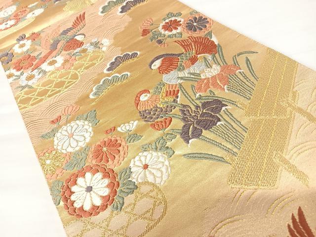 平和屋着物◎六通柄袋帯 唐織 鴛鴦花文 金糸 正絹 逸品 AABA6303yx