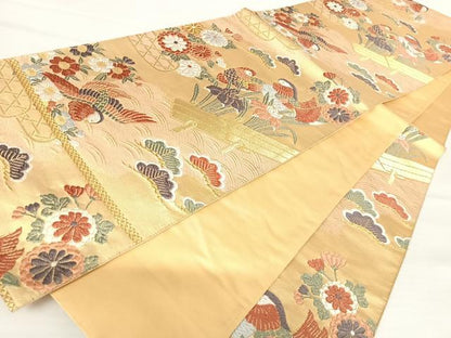 平和屋着物◎六通柄袋帯 唐織 鴛鴦花文 金糸 正絹 逸品 AABA6303yx
