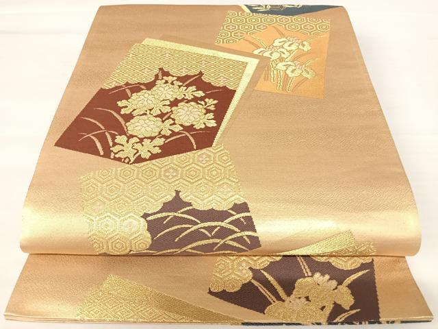 平和屋着物◎六通柄袋帯 色紙重ね花文 金糸 正絹 逸品 AABA6305yx