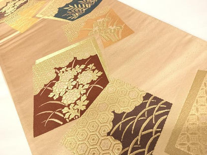 平和屋着物◎六通柄袋帯 色紙重ね花文 金糸 正絹 逸品 AABA6305yx