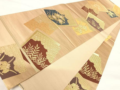 平和屋着物◎六通柄袋帯 色紙重ね花文 金糸 正絹 逸品 AABA6305yx