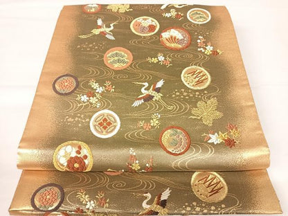 平和屋着物◎六通柄袋帯 唐織 飛鶴花文 金糸 正絹 逸品 AABA6307yx
