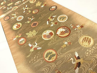 平和屋着物◎六通柄袋帯 唐織 飛鶴花文 金糸 正絹 逸品 AABA6307yx
