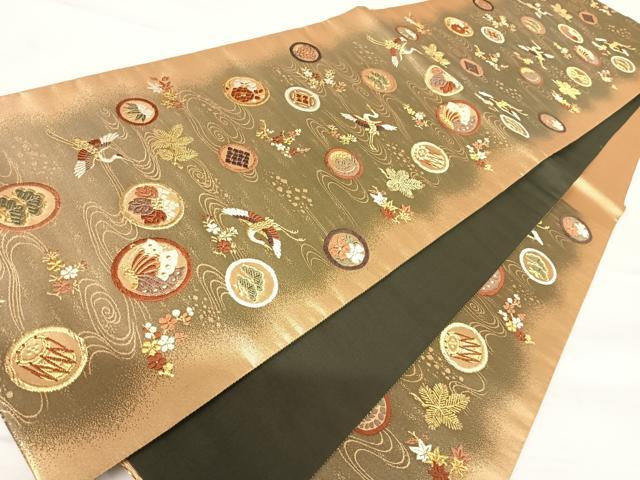 平和屋着物◎六通柄袋帯 唐織 飛鶴花文 金糸 正絹 逸品 AABA6307yx