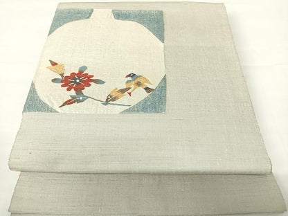 平和屋着物◎太鼓柄袋帯 紬地 花鳥文 正絹 逸品 AABA6309yx