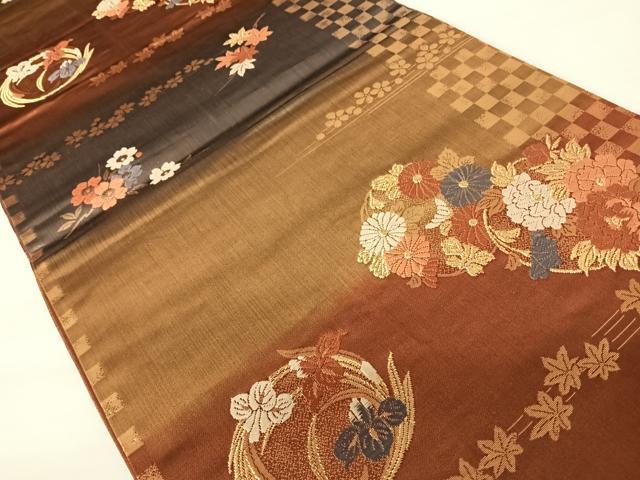 平和屋着物◎六通柄袋帯 唐織 花丸文 金糸 正絹 逸品 AABA6321yx