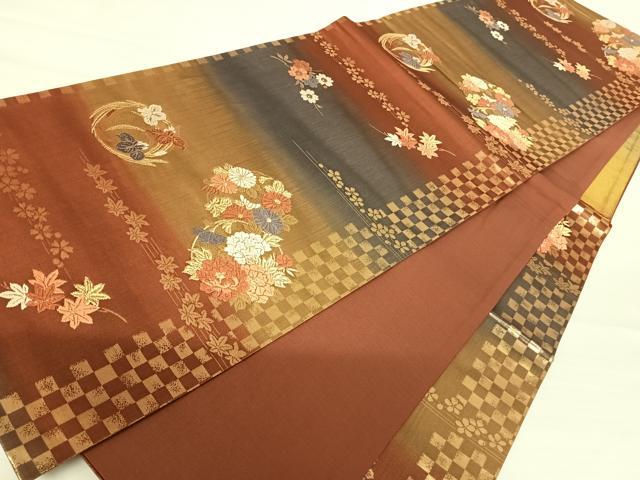 平和屋着物◎六通柄袋帯 唐織 花丸文 金糸 正絹 逸品 AABA6321yx