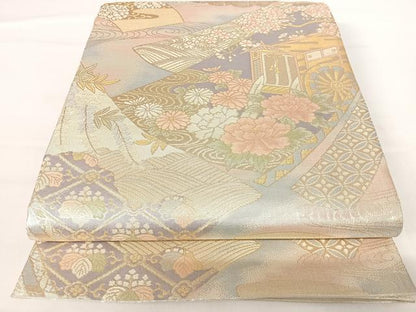 平和屋着物◎佐賀錦 六通柄袋帯 御所車花文 金糸 正絹 逸品 AABA6324yx