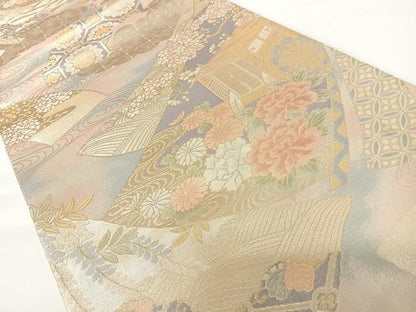 平和屋着物◎佐賀錦 六通柄袋帯 御所車花文 金糸 正絹 逸品 AABA6324yx