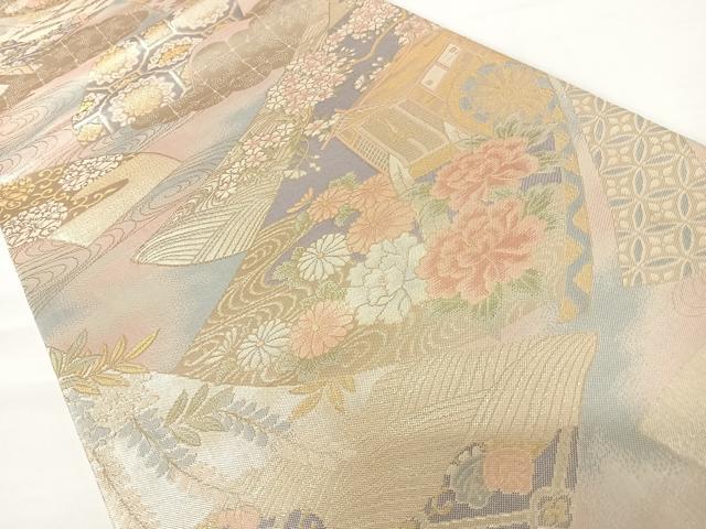 平和屋着物◎佐賀錦 六通柄袋帯 御所車花文 金糸 正絹 逸品 AABA6324yx