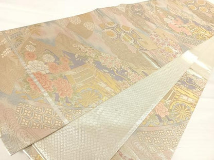 平和屋着物◎佐賀錦 六通柄袋帯 御所車花文 金糸 正絹 逸品 AABA6324yx