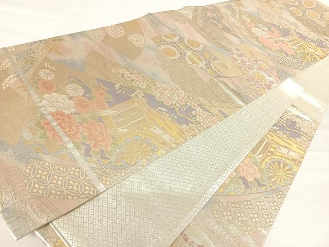 平和屋着物◎佐賀錦 六通柄袋帯 御所車花文 金糸 正絹 逸品 AABA6324yx