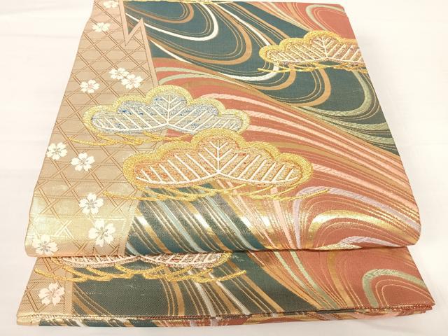 平和屋着物◎佐賀錦　六通柄袋帯　流水枝松文　金糸　正絹　逸品　AABA6327yx