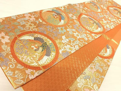 平和屋着物◎佐賀錦　六通柄袋帯　唐織　鉄線丸文　金糸　正絹　逸品　AABA6330yx
