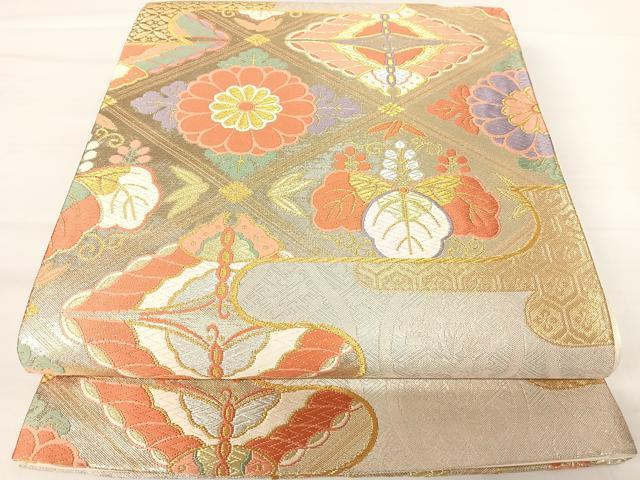 平和屋着物◎六通柄袋帯 唐織 花蝶文 金銀糸 正絹 逸品 AABA6333yx