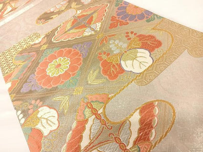 平和屋着物◎六通柄袋帯 唐織 花蝶文 金銀糸 正絹 逸品 AABA6333yx