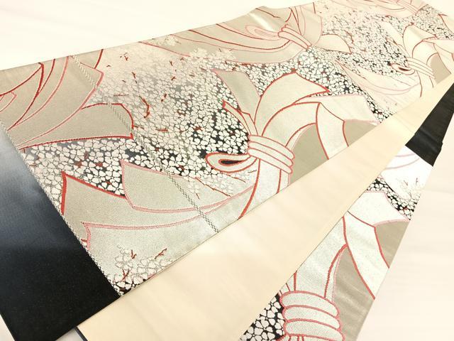 平和屋着物◎西陣 六通柄袋帯 唐織 結び紐花文 銀糸 正絹 逸品 AABA6334yx