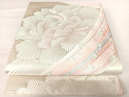平和屋着物◎六通柄袋帯 唐織 孔雀羽文 銀糸 正絹 逸品 AABA6346yx