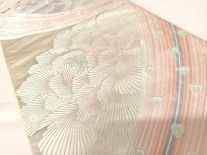 平和屋着物◎六通柄袋帯 唐織 孔雀羽文 銀糸 正絹 逸品 AABA6346yx