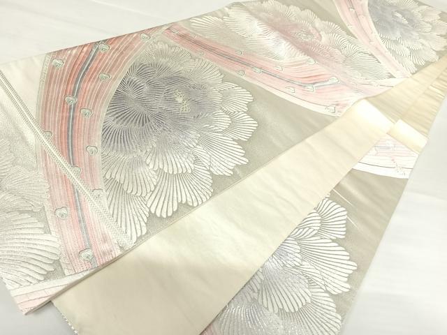平和屋着物◎六通柄袋帯 唐織 孔雀羽文 銀糸 正絹 逸品 AABA6346yx