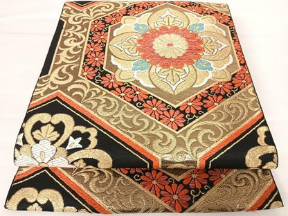 平和屋着物◎六通柄袋帯 唐織 更紗花文 黒地 金銀糸 正絹 逸品 AABA6357yx