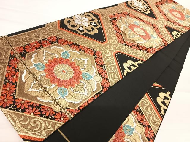 平和屋着物◎六通柄袋帯 唐織 更紗花文 黒地 金銀糸 正絹 逸品 AABA6357yx