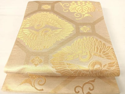平和屋着物◎六通柄袋帯 双鶴花文 金糸 正絹 逸品 AABA6362yx