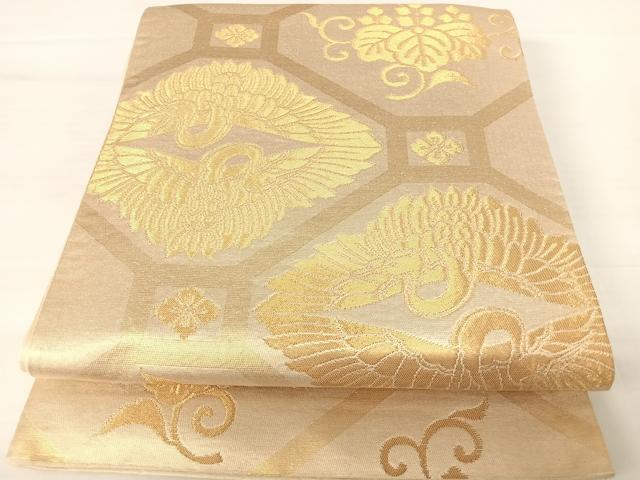 平和屋着物◎六通柄袋帯 双鶴花文 金糸 正絹 逸品 AABA6362yx