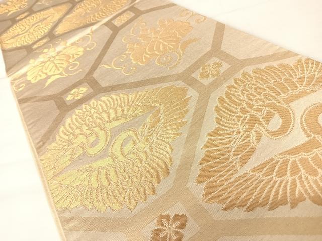 平和屋着物◎六通柄袋帯 双鶴花文 金糸 正絹 逸品 AABA6362yx