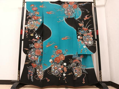 平和屋着物●紅型　振袖　花鳥文　暈し染め　正絹　逸品　AABA6415ph