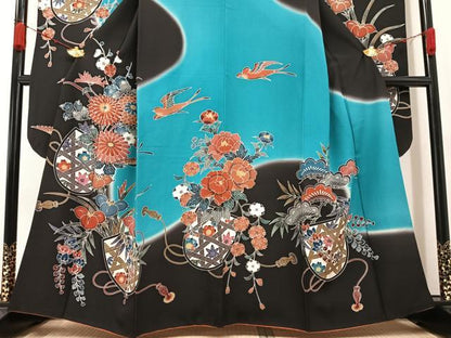 平和屋着物●紅型　振袖　花鳥文　暈し染め　正絹　逸品　AABA6415ph