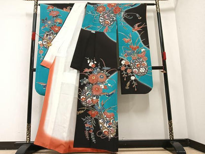 平和屋着物●紅型　振袖　花鳥文　暈し染め　正絹　逸品　AABA6415ph