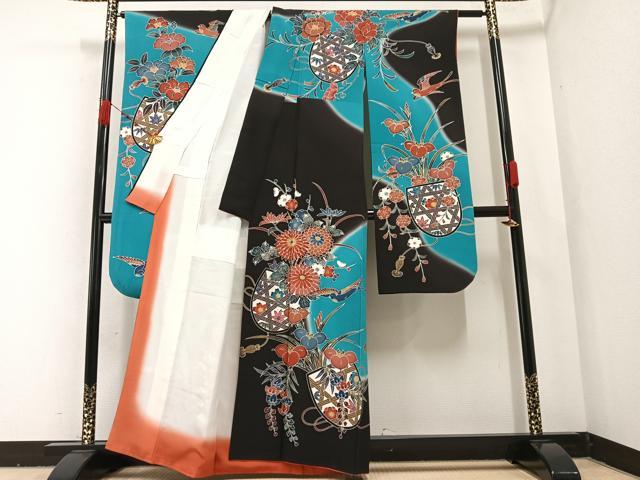 平和屋着物●紅型　振袖　花鳥文　暈し染め　正絹　逸品　AABA6415ph