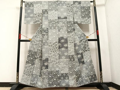 平和屋着物●上質な小紋 紬地 型染め 花唐草文 正絹 逸品 AABA6420ph
